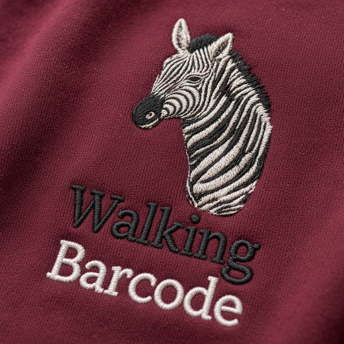 Walking Barcode zebra embroidery detail