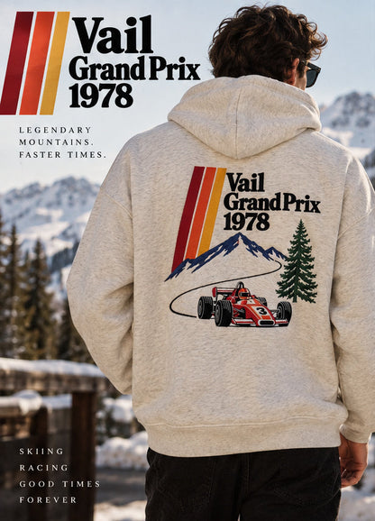 Vail Grand Prix 1978 hoodie — alpine lifestyle model image, back view; styled visualization.