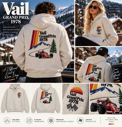 Vail Grand Prix 1978 hoodie — refined AI-styled alpine lookbook. Actual garment photographs in this gallery show the precise embroidery and product details.